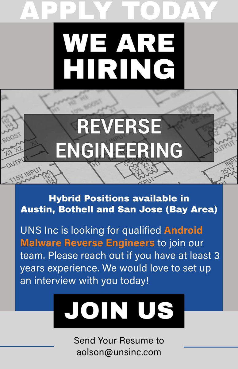 UNSincjobs's tweet image. #hiring #reverseengineer #androidmalware #itjobs #sanjose #austin #bothell