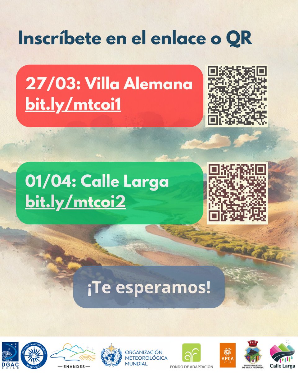 meteochile_dmc's tweet photo. 🌿 ¡Súmate a las Mesas de Trabajo con Comunidades Indígenas #MTCOI!
En el marco de #ProyectoENANDES, co-construiremos un diagnóstico #cambioclimático
📅 27.MAR: Villa Alemana (Costa-Valle)
📅 01.ABR: Calle Larga (Cordillera-Valle)
📌 ¡Inscríbete! En el QR #DMC141años https://t.co/zmr7BrIdgm