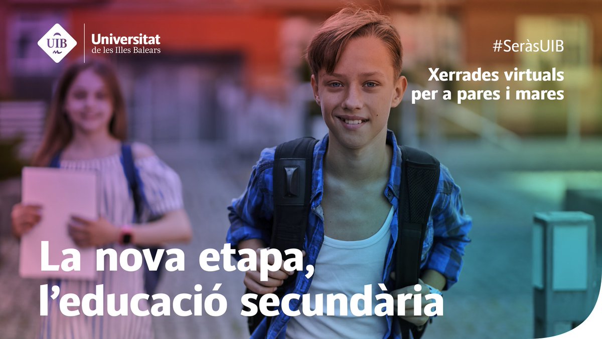 🗓️ Dijous 27 de març a les 19h

🎤 Xerrada virtual per a famílies de 6è de primària.

🔍 Descobreix com ajudar els teus fills en el seu pas a l'ESO.

✅ Pautes, estratègies i consells per a una adaptació exitosa

🌐 Més info a la web seras.uib.cat/xerrades_pares…