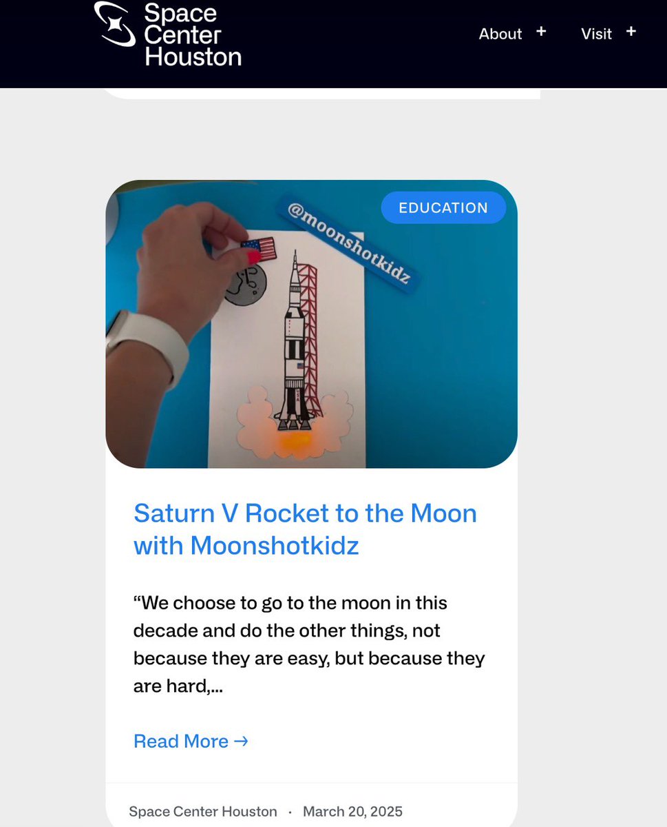 NASA Space Center Houston just published an awesome blog featuring MoonshotKidz and my DIY 'Saturn V Rocket to the Moon' interactive light-up card! In the blog, you can find step-by-step instructions, both written and video tutorials, to build your own rocket! Also, you can learn