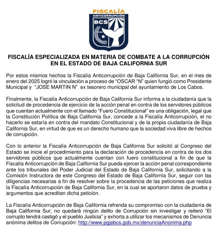 FISCALIA ANTICORRUPCIÓN DE BAJA CALIFORNIA SUR SOLICITA ANTE EL CONGRESO DEL ESTADO INICIO DE PROCEDIMIENTO DE DECLARACIÓN DE PROCEDENCIA DEL EJERCICIO DE LA ACCION PENAL EN CONTRA DE SERVIDORES PUBLICOS QUE CUENTAN CON PROTECCIÓN CONSTITUCIONAL CONOCIDA COMO “FUERO”