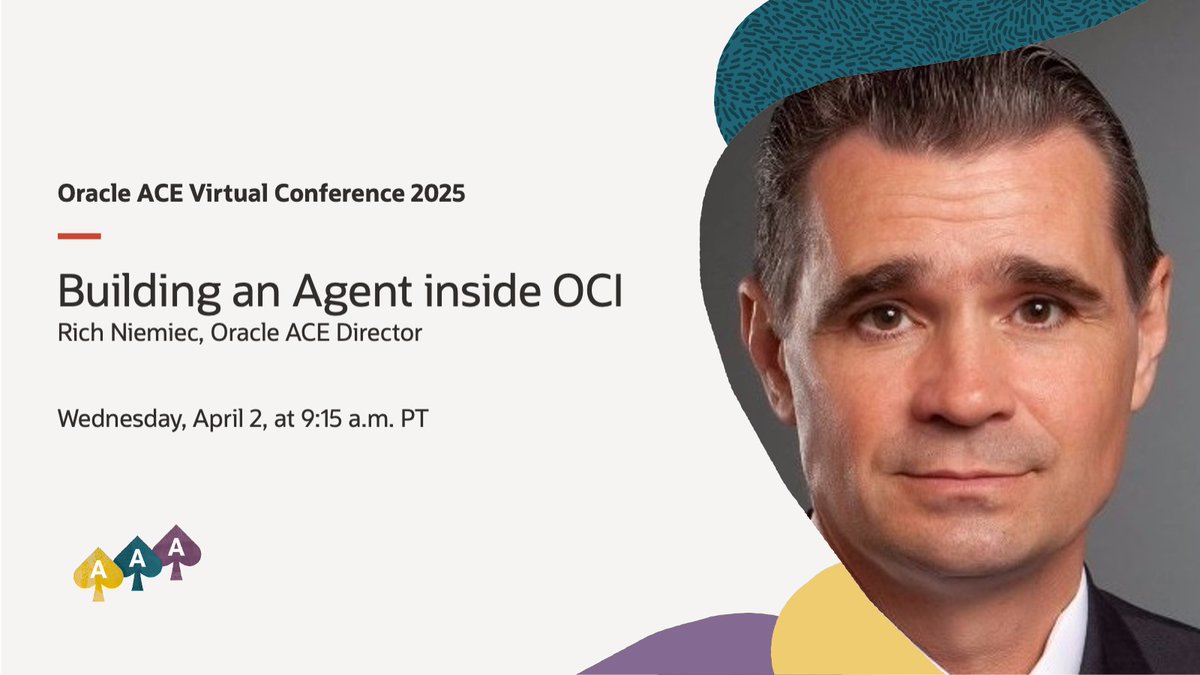 oracleace's tweet image. Do you want to learn more about Building an Agent inside OCI? Join us for our Oracle ACE Virtual Conference on April 2nd, and hear from ACE Director @RichNiemiec. 

♠️ Discover the entire agenda 👉 social.ora.cl/60140pMrj
♠️ Register for free 👉 social.ora.cl/60160pMre
#OracleACE