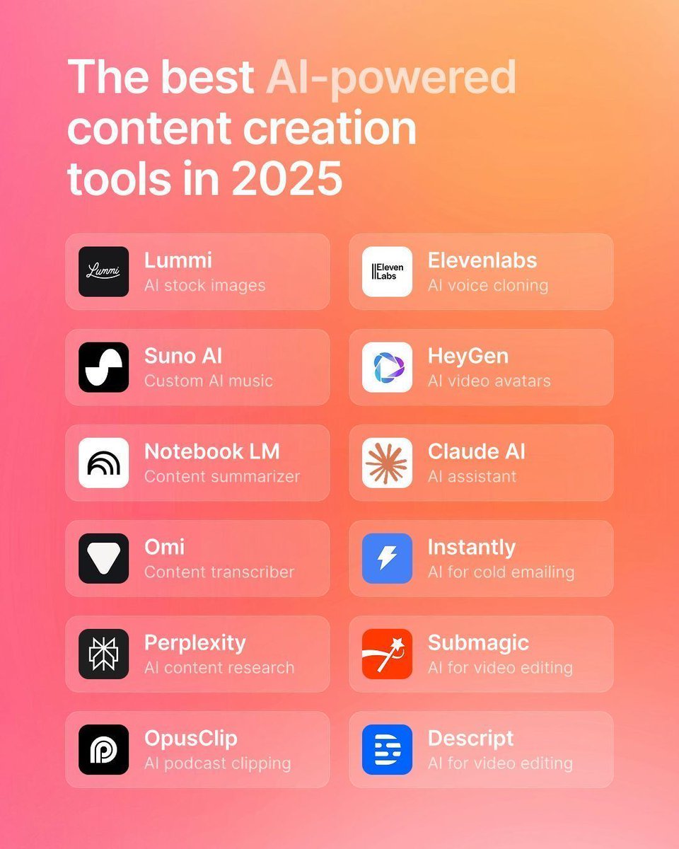 If you’re a marketer, creator, or business owner, these tools should be on your radar ↓

✦ <a href="/elevenlabsio/">ElevenLabs</a> 
✦ <a href="/sunomusic/">Suno</a> 
✦ <a href="/HeyGen_Official/">Lucas Carvalho</a> 
✦ <a href="/Google/">Google</a> Notebook LM
✦ <a href="/AnthropicAI/">Anthropic</a> Claude
✦ <a href="/omedotme/">omi</a> 
✦ <a href="/InstantlyAI/">Instantly.ai</a> 
✦ <a href="/perplexity_ai/">Perplexity</a> 
✦ <a href="/submagic_co/">Submagic</a> 
✦ <a href="/OpusClip/">OpusClip</a>  
✦