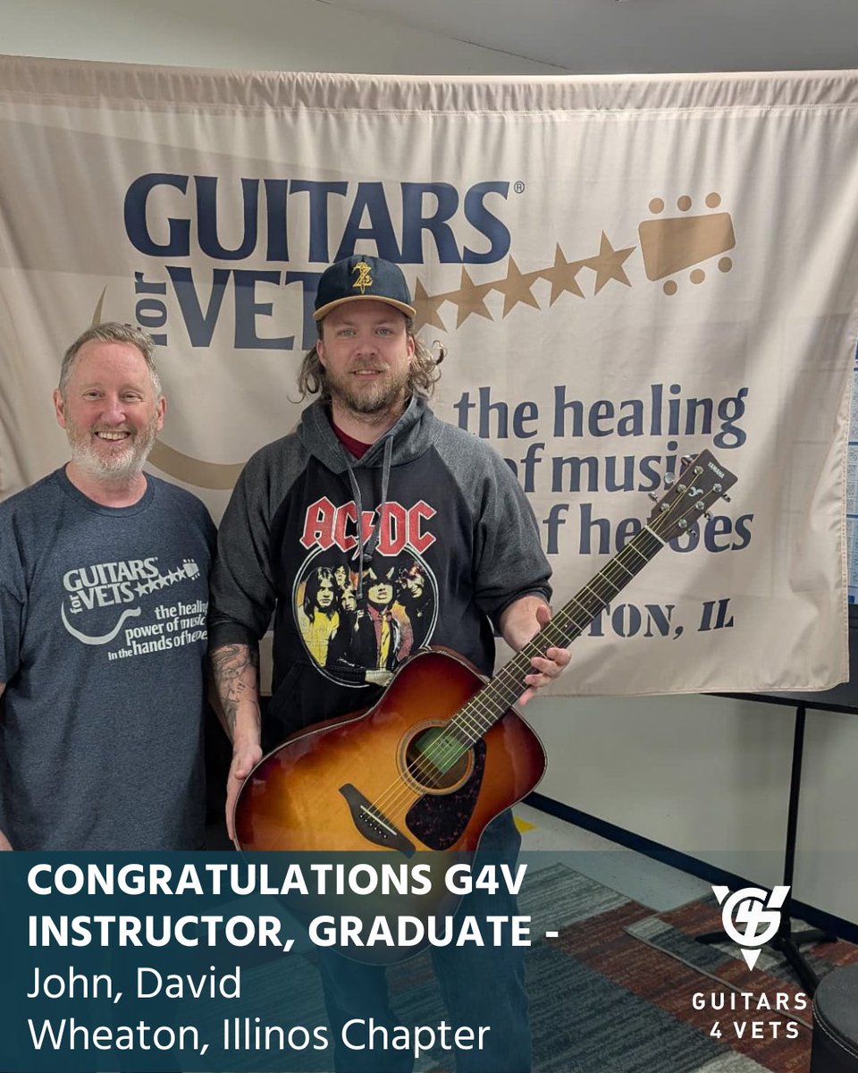 guitarsforvets's tweet photo. Congratulations to G4V Wheaton’s newest graduate, David Durbin!  A U.S. Marine, David came to us looking to expand his skills—and he’s done just that! Huge thanks to his instructor, John Cunningham, for guiding him on this journey. 

🇺🇸 #GuitarsForVets https://t.co/jQnvK2CY7F