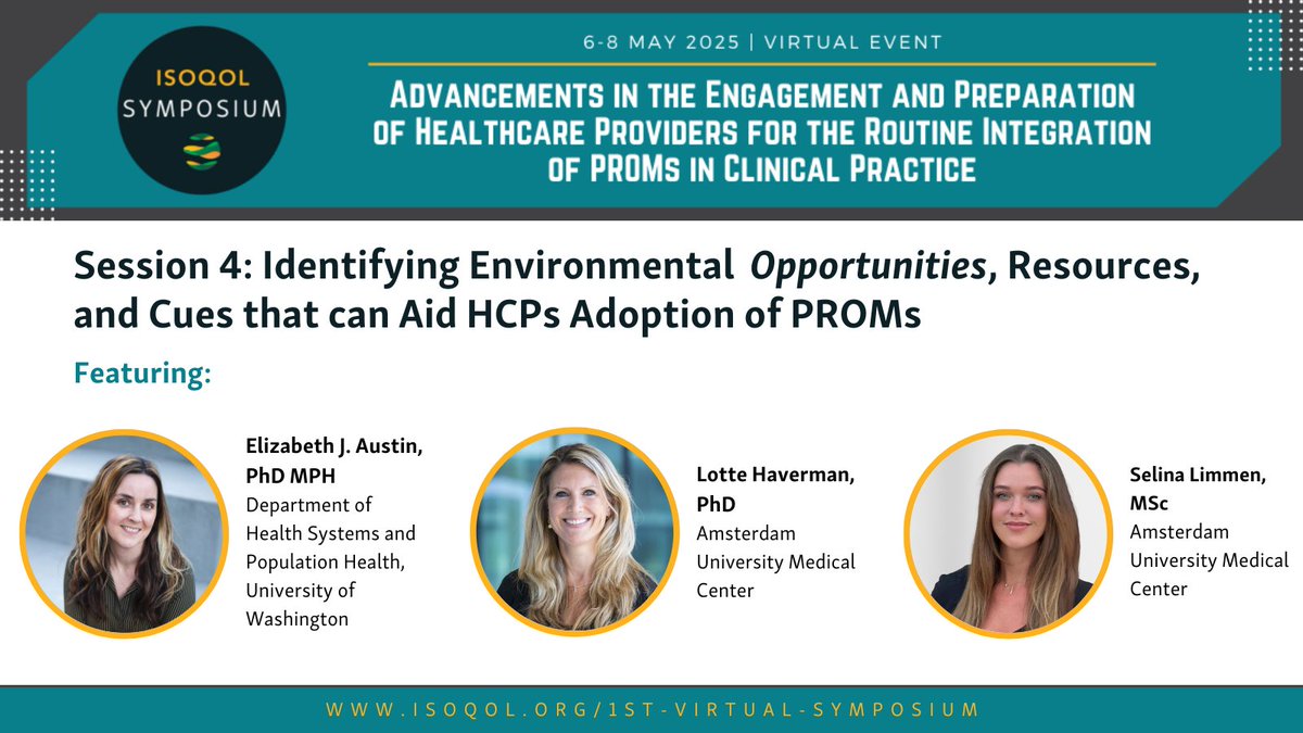 ISOQOL (@isoqol) on Twitter photo In session four of #ISOQOLVS, speakers will review known environmental factors that often impede healthcare providers' use of PROMs, including organizational operations and physical, technological, and people resources.
Learn more: ow.ly/ONVY50VlQUZ
<a href="/uwsph/">University of Washington School of Public Health</a> <a href="/amsterdamumc/">Amsterdam UMC</a> In session four of #ISOQOLVS, speakers will review known environmental factors that often impede healthcare providers' use of PROMs, including organizational operations and physical, technological, and people resources.
Learn more: ow.ly/ONVY50VlQUZ
<a href="/uwsph/">University of Washington School of Public Health</a> <a href="/amsterdamumc/">Amsterdam UMC</a>
