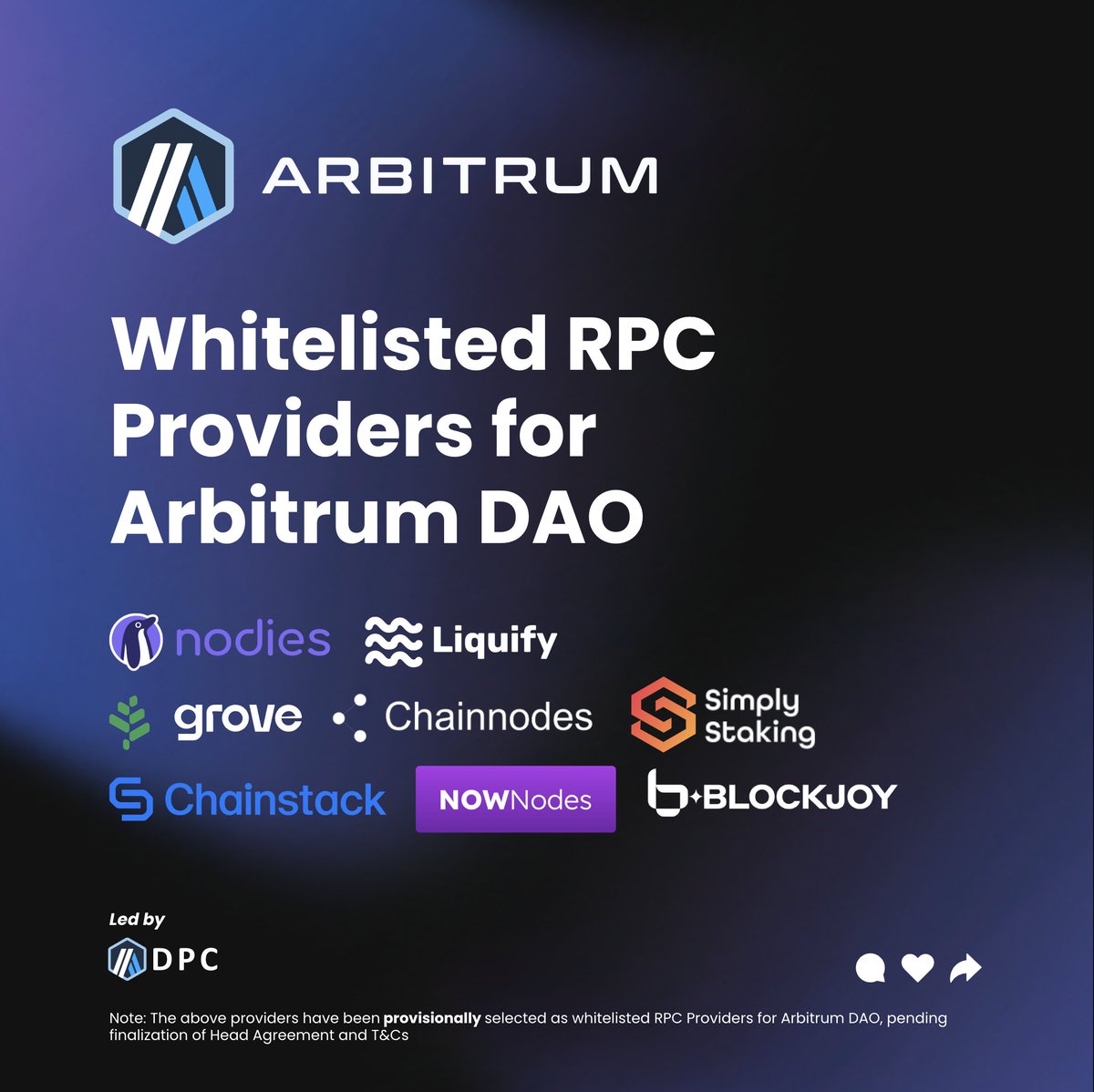 1/ gm @Arbitrum! We’re excited to announce that following a rigorous review process, the following eight (8) RPC providers have been provisionally selected as whitelisted RPC Providers for Arbitrum DAO:

<a href="/Liquify_ltd/">Liquify</a>, @BlockJoyweb3, @Chainnodes, <a href="/ChainstackHQ/">Chainstack 💙🛠️</a>, @Nodies_infra,