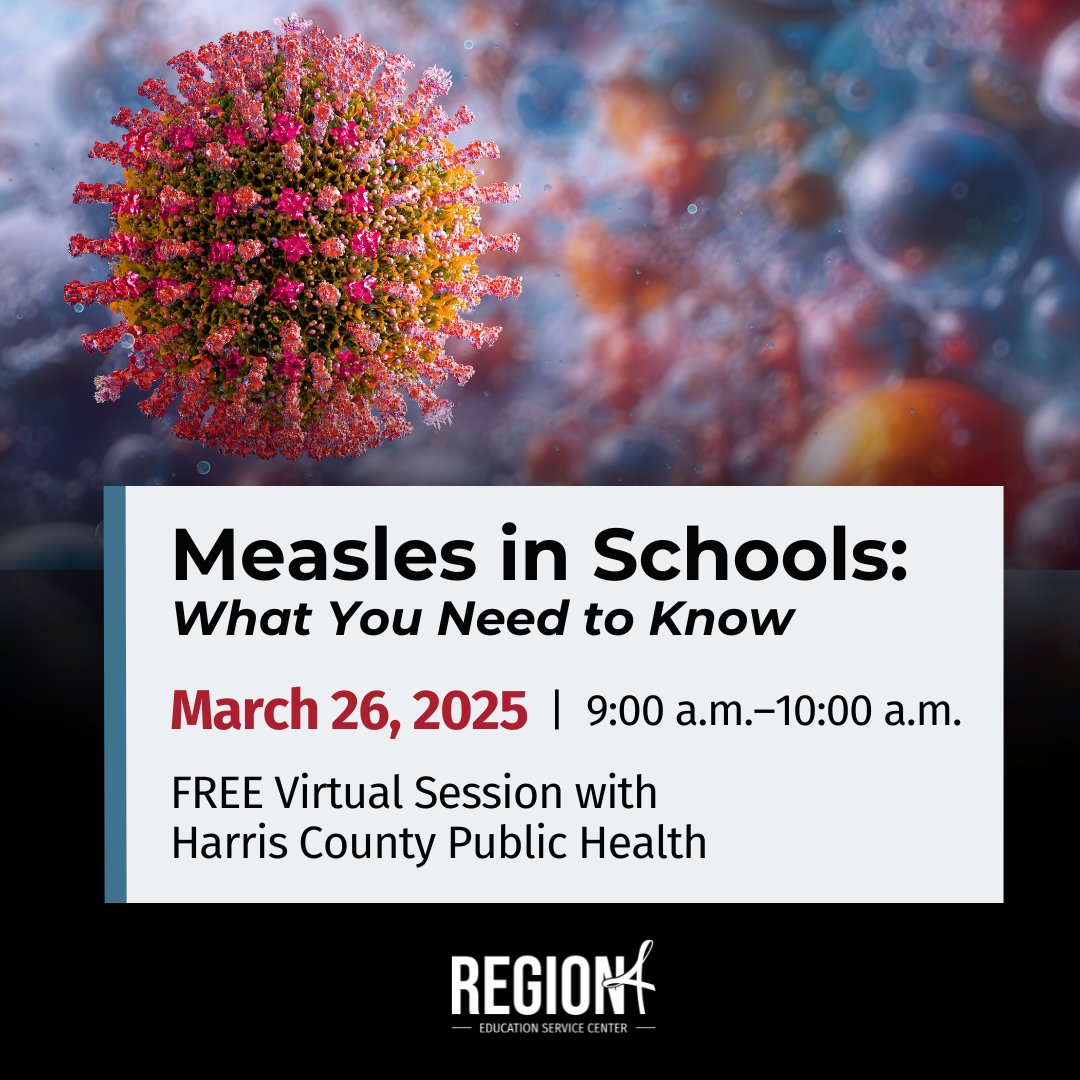 Region 4 ESC (@region4esc) on Twitter photo Free Virtual Measles Update for Schools!
Join <a href="/hcphtx/">Harris County Public Health #GetVaxxed</a>ย on Wednesday, 3/26 at 9 AMย to learn about:
โ๏ธ Latest measles outbreaks
โ๏ธ Vaccination & school protocols
โ๏ธ Reporting & exclusion guidelines
Ensure your school is prepared. Register now!ย escweb.net/tx_esc_04/cataโฆ Free Virtual Measles Update for Schools!
Join <a href="/hcphtx/">Harris County Public Health #GetVaxxed</a>ย on Wednesday, 3/26 at 9 AMย to learn about:
โ๏ธ Latest measles outbreaks
โ๏ธ Vaccination & school protocols
โ๏ธ Reporting & exclusion guidelines
Ensure your school is prepared. Register now!ย escweb.net/tx_esc_04/cataโฆ