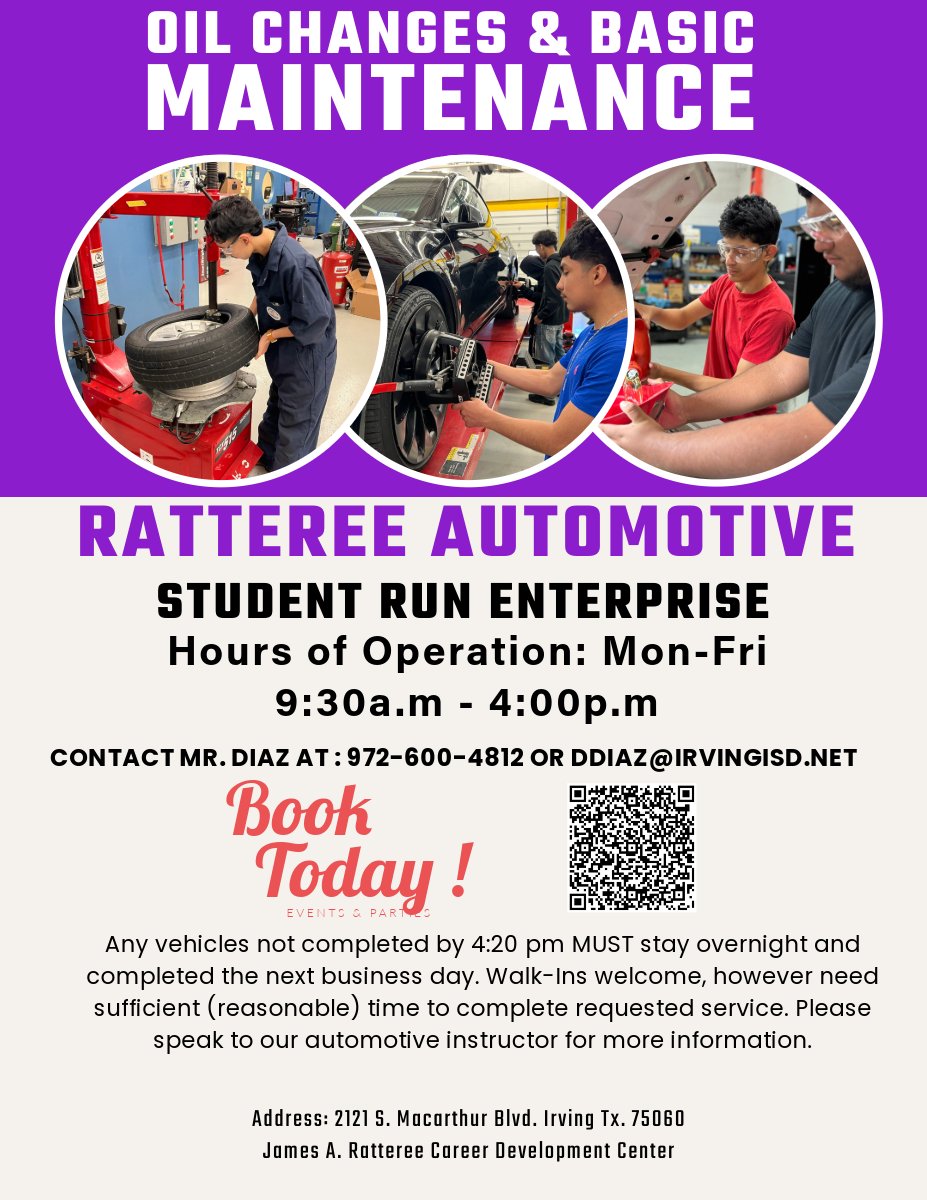 Hello Every one ! Appointments for our student run enterprise is now open again! Please visit our Appointment website through the link below: We will be running the student run shop for a limited time so book today ! …ereeautomotivemaintenance.setmore.com/david-diaz
