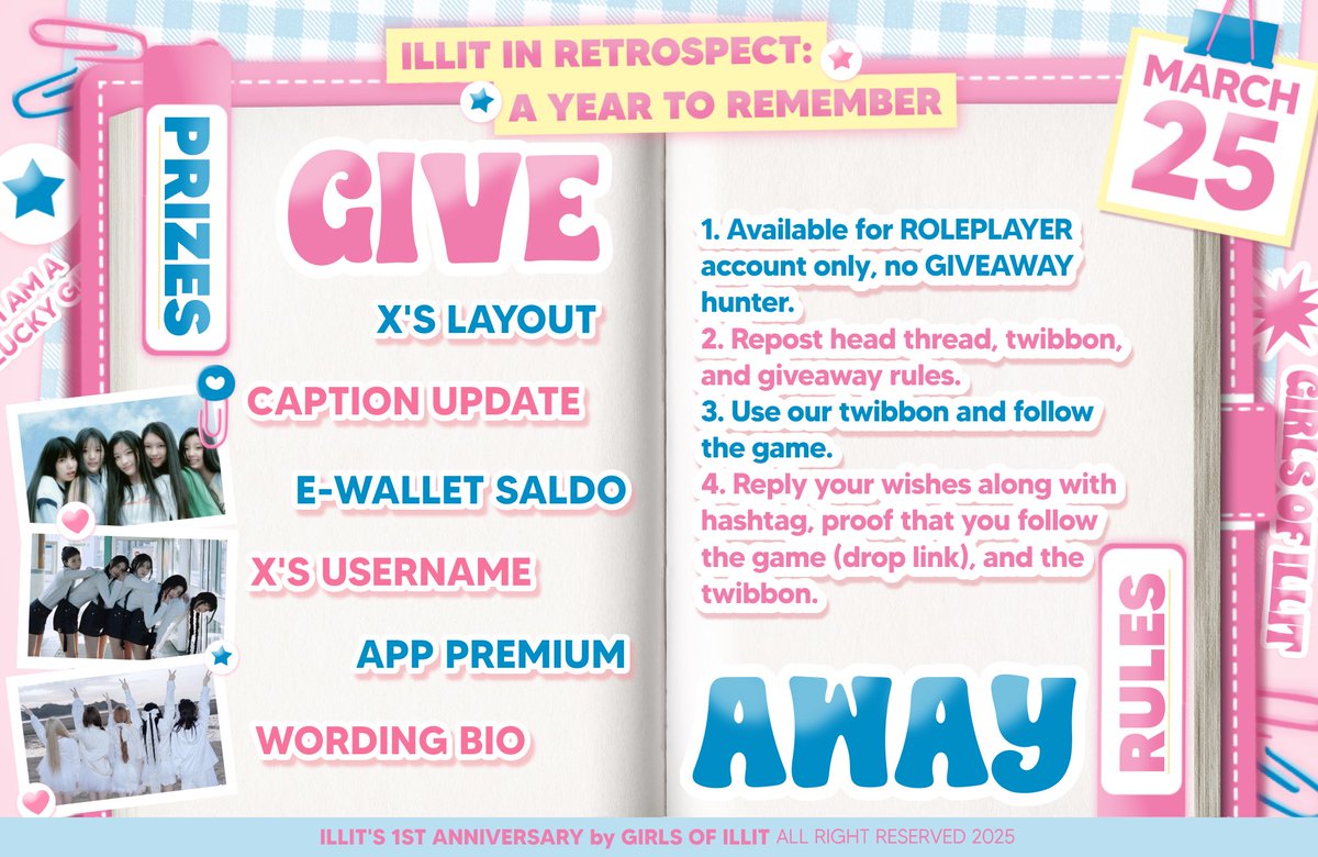 ᰍ 𔓘 All of you carries a touch of fortune, so let that magic shine and join our 𝐠𝐢𝐯𝐞𝐚𝐰𝐚𝐲 in celebration of ILLIT’s first anniversary! Oh, we truly hope your lucky syndrome leads you straight to the prize. 🍀🩰