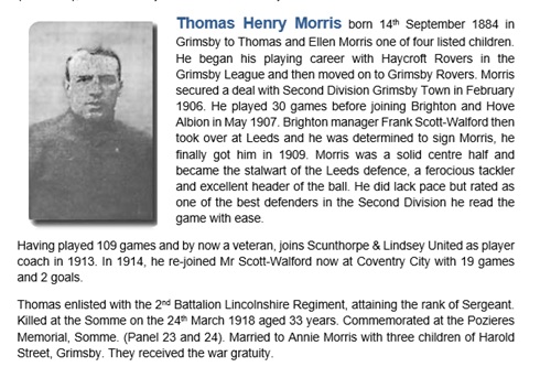 WW1BWFC's tweet image. Thomas Henry Morris
Lincolnshire Regiment
Killed 24th March 1918 France
Footballer Grimsby Town, Brighton HA, Leeds, Scunthorpe, Coventry