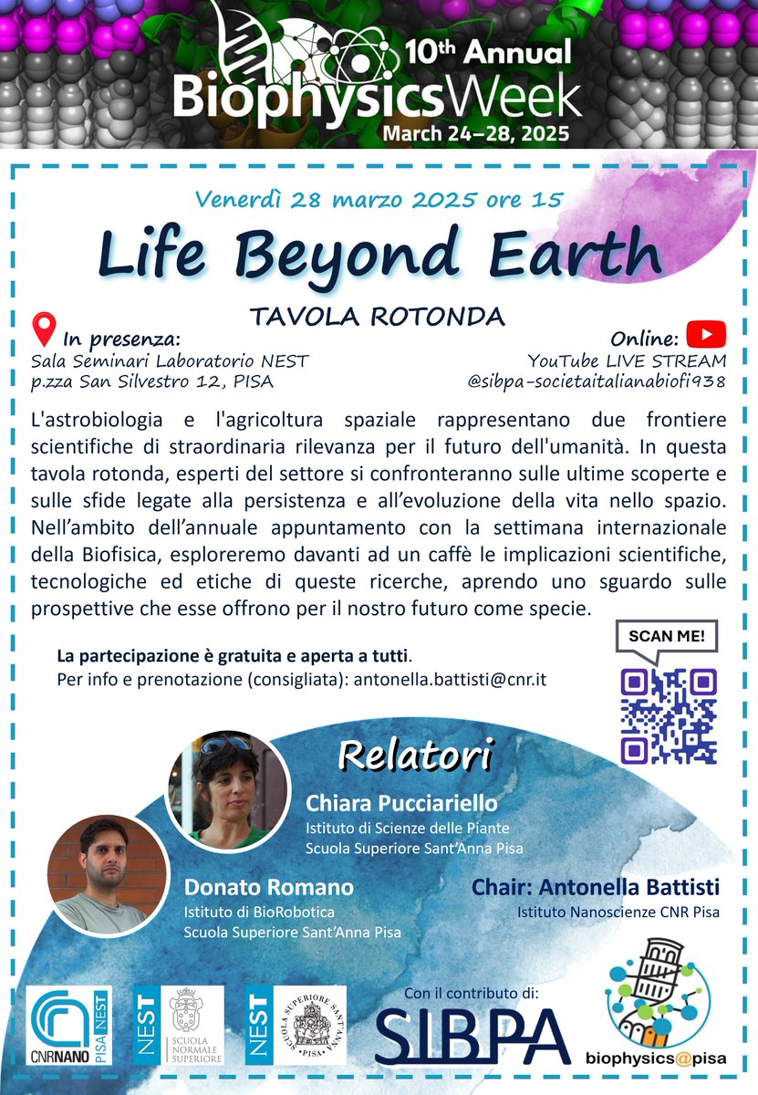 Pronti per celebrare la 10th #BiophysicsWeek? 
Noi sì🤓! con la nostra Antonella Battisti che presenta

👩🏻‍🚀👾☘️Life Beyond Earth 🪐👩🏽‍🔬🧬

un incontro per esplorare le possibilità e l'evoluzione della vita nello spazio. In presenza e online! 👇
<a href="/SIBPA_/">SIBPA (SocietàItalianaBiofisicaPuraApplicata)</a> <a href="/CNRsocial_/">CNR Consiglio Nazionale delle Ricerche</a> <a href="/ScuolaSantAnna/">ScuolaSantAnna</a>