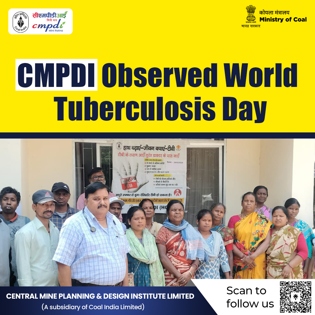 cmpdil's tweet photo. CMPDI observed World Tuberculosis Day

CMPDI observed World Tuberculosis Day 2025 with the theme. “Yes! We Can End TB: Commit, Invest, Deliver” at its Hqs, Ranchi on 24.03.2025. On this occasion, CMPDI organised Tuberculosis Awareness Campaign, wherein voluntary counselling on Tuberculosis was provided to 200 nos. of persons and screening for TB was done on 40 nos. of TB suspected people.

 Dr. Om Prakash, Chief Medical Officer and Nodal Officer (Tuberculosis), CMPDI (HQ), and his team sensitized people about the TB, its effects, treatment methods, and the importance of early diagnosis. etc. Contract Workers, Sanitation employees and people from surroundings areas attended the awareness camp, helping to spread awareness about the disease and its prevention.

This campaign highlights CMPDI’s commitment to community health and efforts to combat tuberculosis through education, prevention, and screening

@kishanreddybjp  @satishdubeyy  
@CoalMinistry  @CoalIndiaHQ  @MoHFW_INDIA 

#CMPDI #CIL #worldtuberculosisday #endtb #tbawareness #healthcampaign #communityhealth #tbprevention #earlydiagnosis #publichealth #tbfreesociety