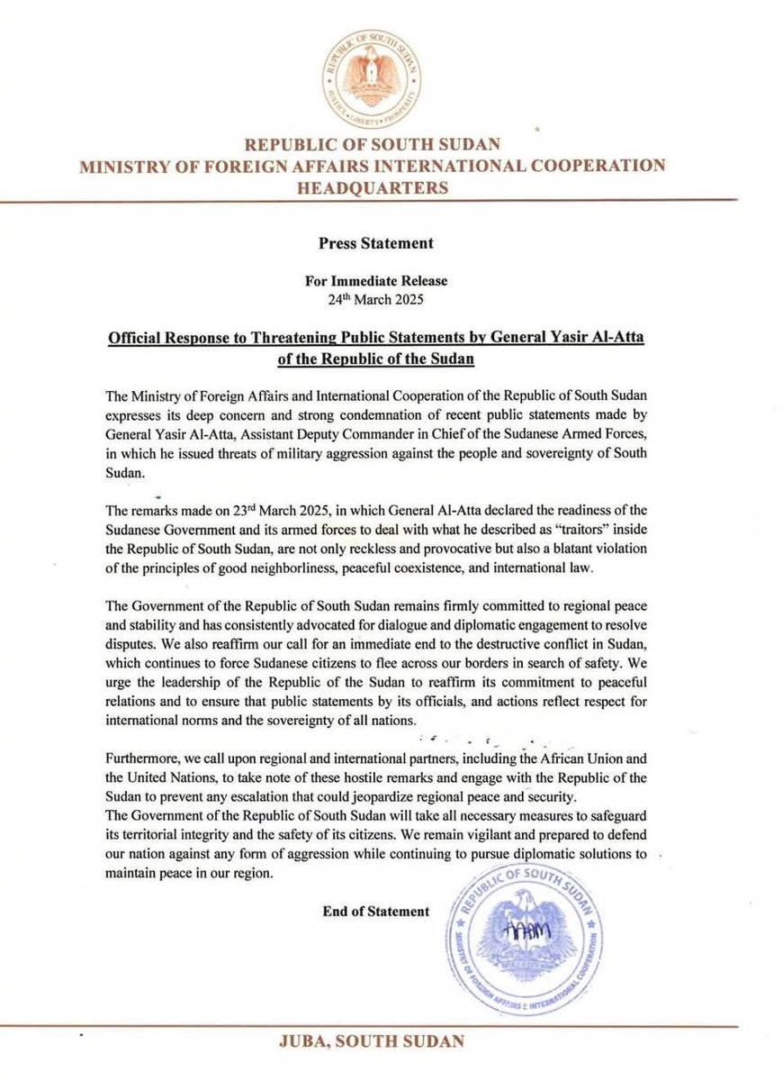 Cholatak's tweet photo. South Sudan condemns Sudanese general’s threats 

The Ministry of Foreign affairs has strongly condemned recent remarks by General Yasir Al-Atta, a senior commander in the Sudanese Armed Forces (SAF), in which he threatened military action against South Sudan. https://t.co/6uJFpWkh0S