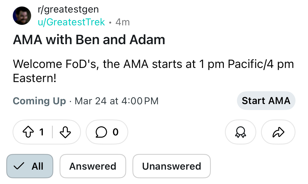 GreatestTrek (@greatesttrek) on Twitter photo AMA with B&A today at 1 pm Pacific/4 pm Eastern!
Get it in there and ask some Q's: reddit.com/r/greatestgen/…
#greatesttrek <a href="/MaxFunHQ/">Maximum Fun HQ</a> #friendsofdesoto AMA with B&A today at 1 pm Pacific/4 pm Eastern!
Get it in there and ask some Q's: reddit.com/r/greatestgen/…
#greatesttrek <a href="/MaxFunHQ/">Maximum Fun HQ</a> #friendsofdesoto