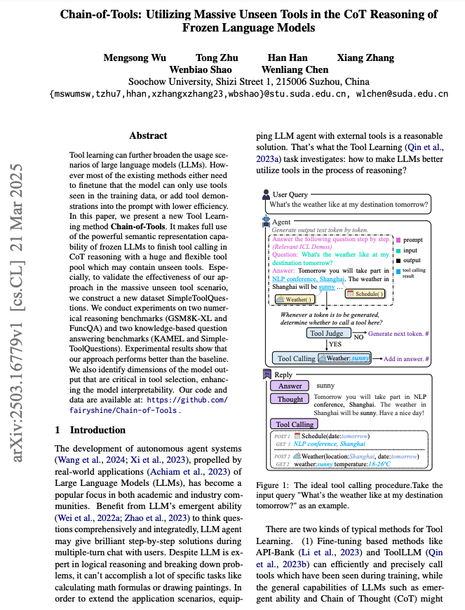 // Chain-of-Tools //

This new paper presents Chain-of-Tools (CoTools), a new method to enable LLMs to incorporate expansive external toolsets—including tools never seen during training—while preserving CoT (chain-of-thought) reasoning.

Highlights:

• Frozen LLM with