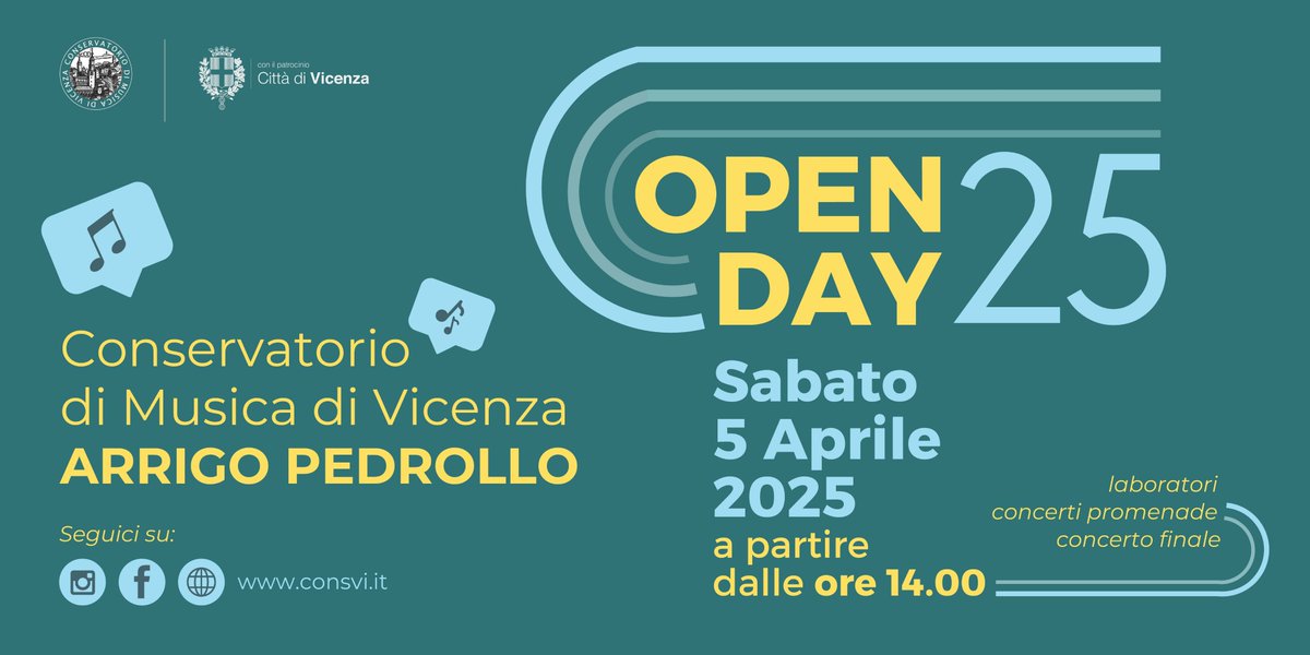ConservatorioVi's tweet photo. 🎶 𝐎P𝐄N D𝐀Y 2𝟎2𝟓 🎶
Sabato 5 Aprile 2025 a partire dalle 14.00

☄️ Il suono del tuo futuro inizia qui. 

Per maggiori info visita il sito del ConsVi👇 
https://t.co/dh3s6iJzsf https://t.co/OK69L9c7DT