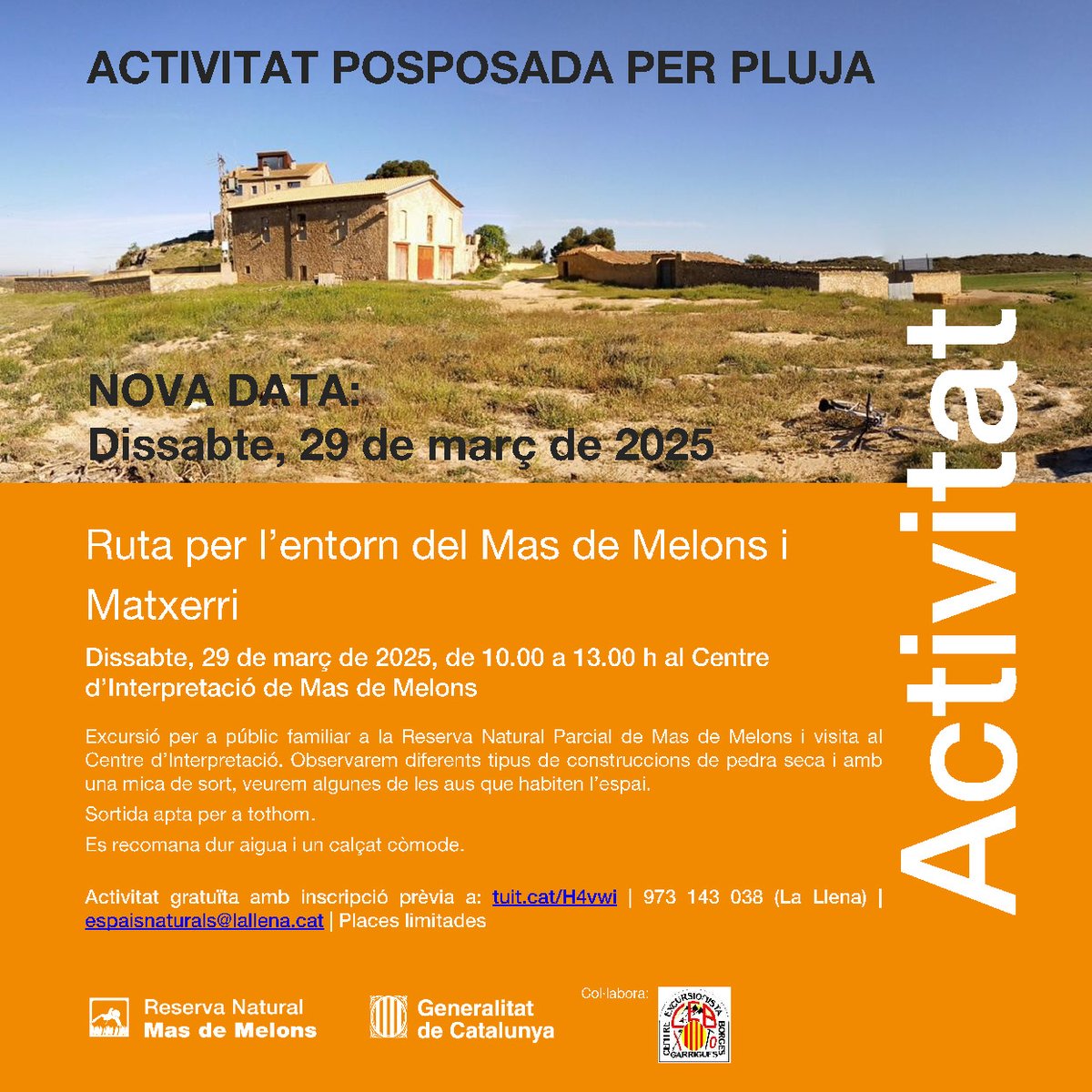 📢Un informem que l’activitat programada pel passat diumenge, no es va poder realitzar per la incompatibilitat amb les pluges, tot i això, tenim nova data🤩 
 
 📆Dissabte, 29 de març ⏰10 a 13 h
 📍Centre d’Interpretació de Mas de Melons
 
  📝 tuit.cat/H4vwi