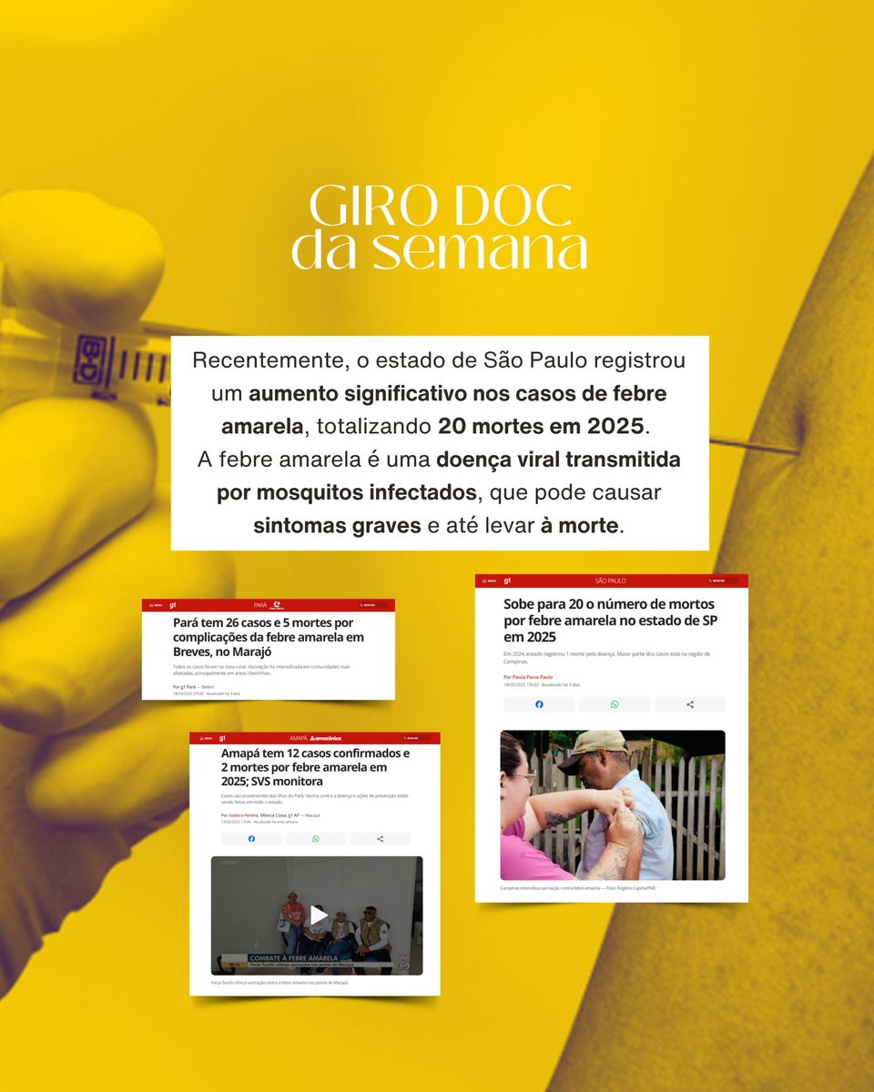 Bom day!
⚠️ Atenção, galera! O #GiroDoc da semana vem com um novo alerta de saúde no Brasil! O
número de mortes por febre amarela subiu em SP em 2025. Vamos ficar ligados nos
sintomas e prevenir!
Segue o fio 🧶