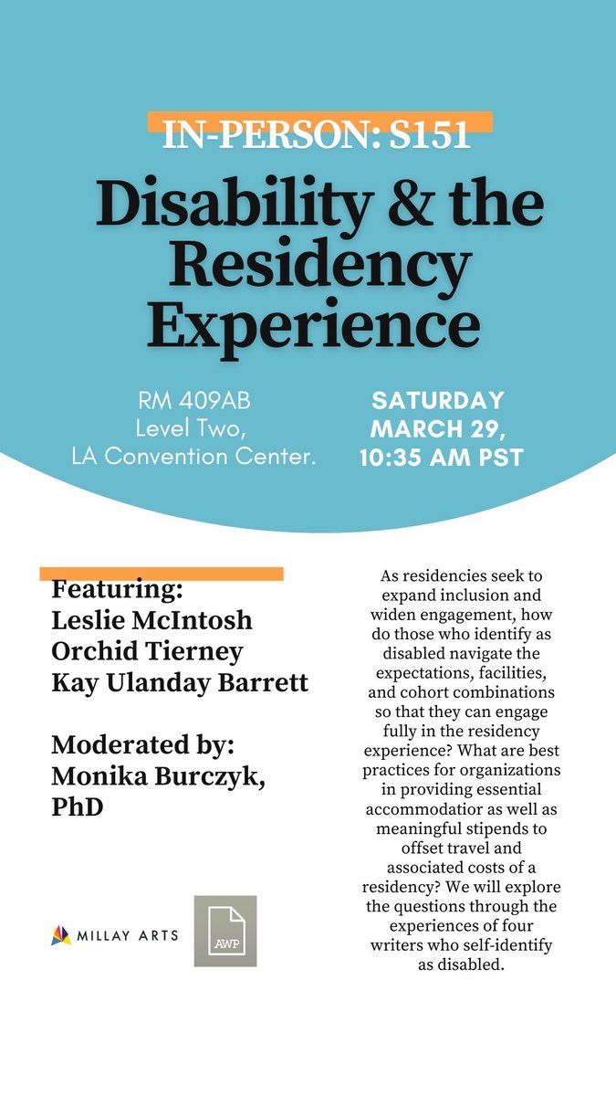 AWP &amp; LA -- here we come! And mark your calendar with what promises to be an important discussion: "Disability &amp; the Residency Experience" Saturday at 10:35am (Room 409AB, Level Two) with our insightful alums: Leslie McIntosh, Orchid Tierney and Kay Ulanday Barrett.