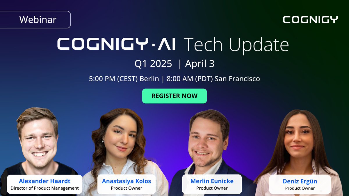 Join our live webinar on April 3, at 5 PM CET to explore the latest in Cognigy.AI! Get expert insights on LLM Ops, Agent Dev, Webchat, and seamless Contact Center integration. Reserve your spot now: hubs.ly/Q03d4L-D0