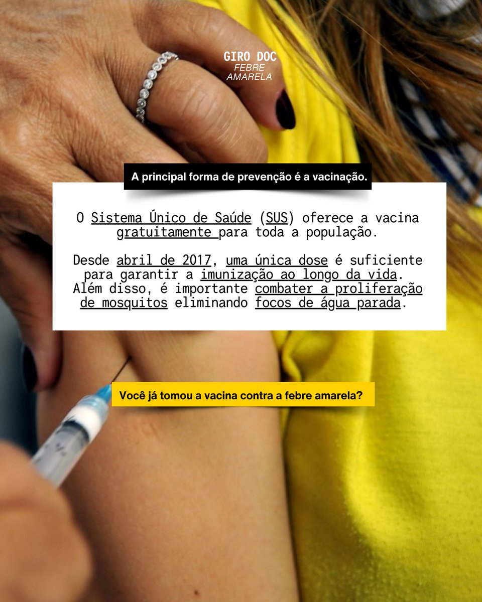 A vacina é a nossa melhor amiga contra a febre amarela, e é de graça no SUS! 💉
Já tomou a sua? Se não, corre lá e se protege!