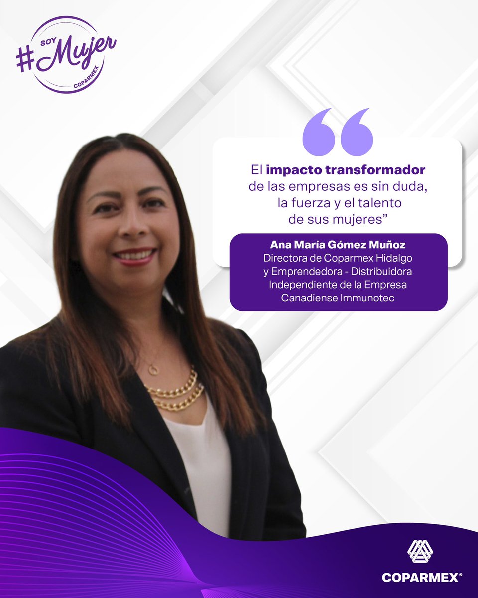 Coparmex Nacional (@coparmex) on Twitter photo 💜👩💼 #SoyMujerCoparmex | Ana María Gómez Muñoz, Abogada de profesión y Directora General de <a href="/COPARMEX_Hgo/">Coparmex Hidalgo</a>, ha sido una referente en el sector privado y público, destacando como la primera Directora del Centro de Conciliación en el Estado de Hidalgo durante la implementación del 💜👩💼 #SoyMujerCoparmex | Ana María Gómez Muñoz, Abogada de profesión y Directora General de <a href="/COPARMEX_Hgo/">Coparmex Hidalgo</a>, ha sido una referente en el sector privado y público, destacando como la primera Directora del Centro de Conciliación en el Estado de Hidalgo durante la implementación del