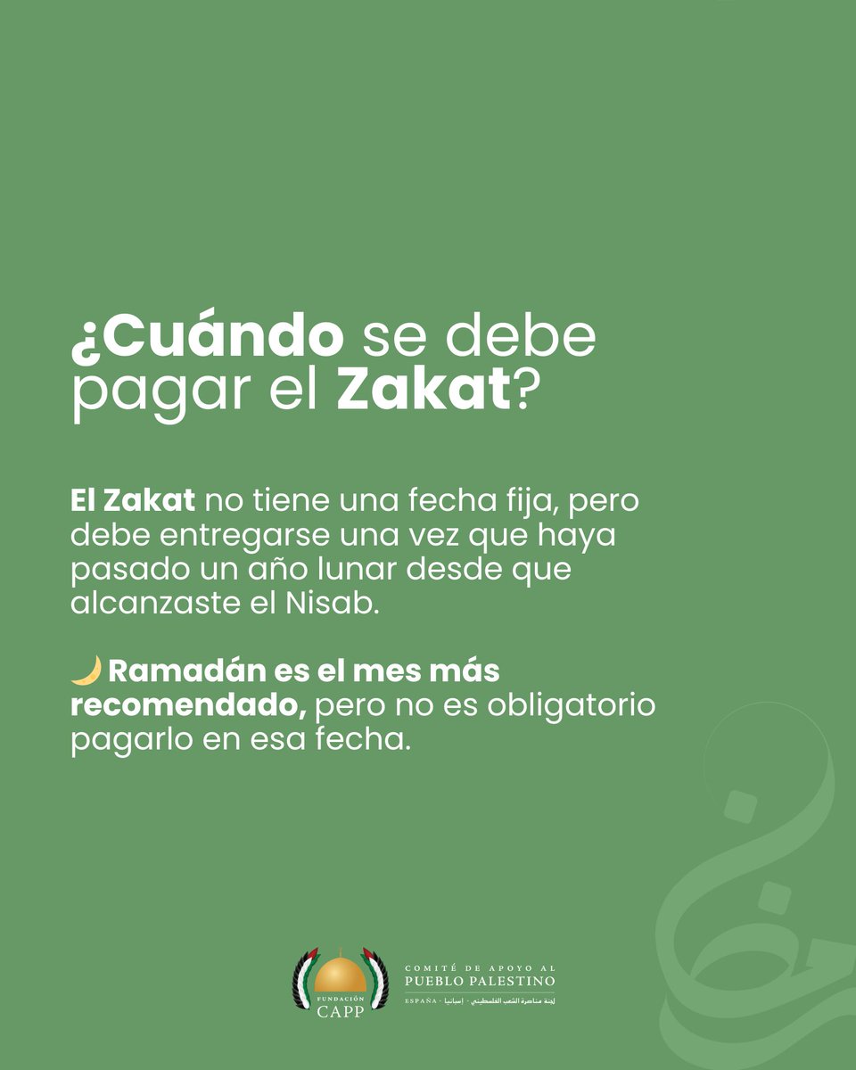ZAKAT AL MAL – El 3º pilar del Islam 
 
✅ Se paga anualmente (2.5% de tus bienes). 
✅ Ayuda a quienes más lo necesitan. 
✅ Ramadán es el mejor momento para dar.
Calcula y dona tu Zakat aquí: fundcapp.org/es/zakat-2-2/