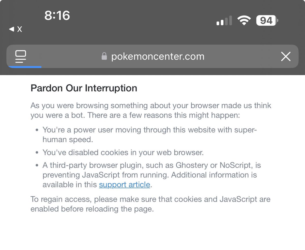 CaptainBLAM's tweet photo. @PokemonRestocks Page went white then this popped up they thought I was a damn bot! I didn’t even get a chance to browse https://t.co/ZgL3h2Uy3I