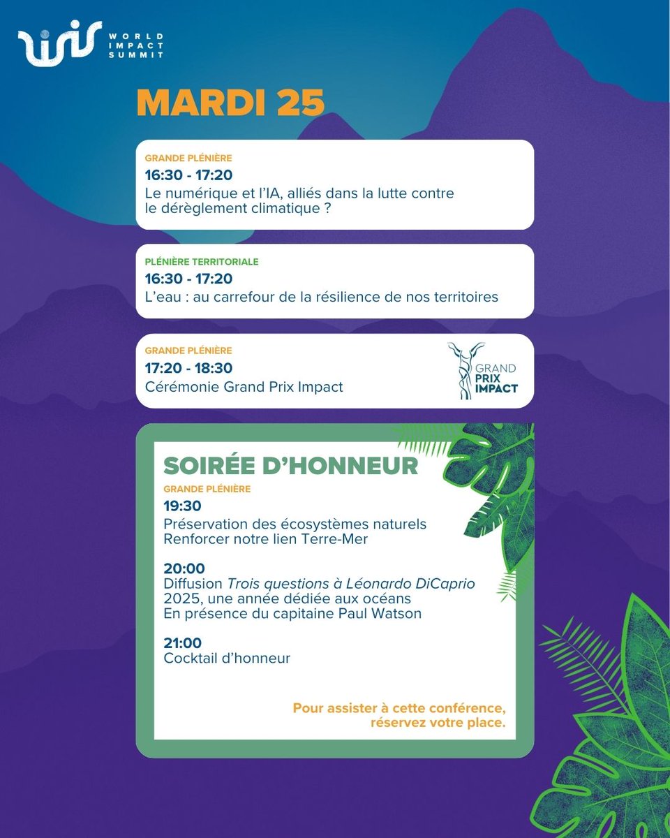 🌍 Le World Impact Summit ouvre ses portes dans quelques heures ! ✨
Retrouvez les invités exceptionnel et le programme du mardi 25 mars ⬇️Leonardo DiCaprio, interviendra dans une séquence vidéo enregistrée "3 questions à" 🎥, qui introduira la conférence d'honneur à 20h !