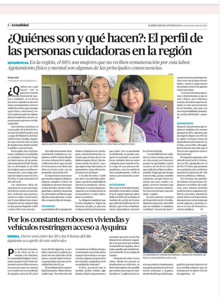 Dsocial_II's tweet image. El Mercurio de #Antofagasta destaca en su foto portada y en la página 6 la infatigable labor de las personas cuidadoras, de las cuales el 88% corresponde a mujeres en la región.
@MinDesarrollo
@DPRAntofagasta
#ChileCuida
@subse_ssociales 
@VoceriaAntofa 
@MMEGAntofagasta