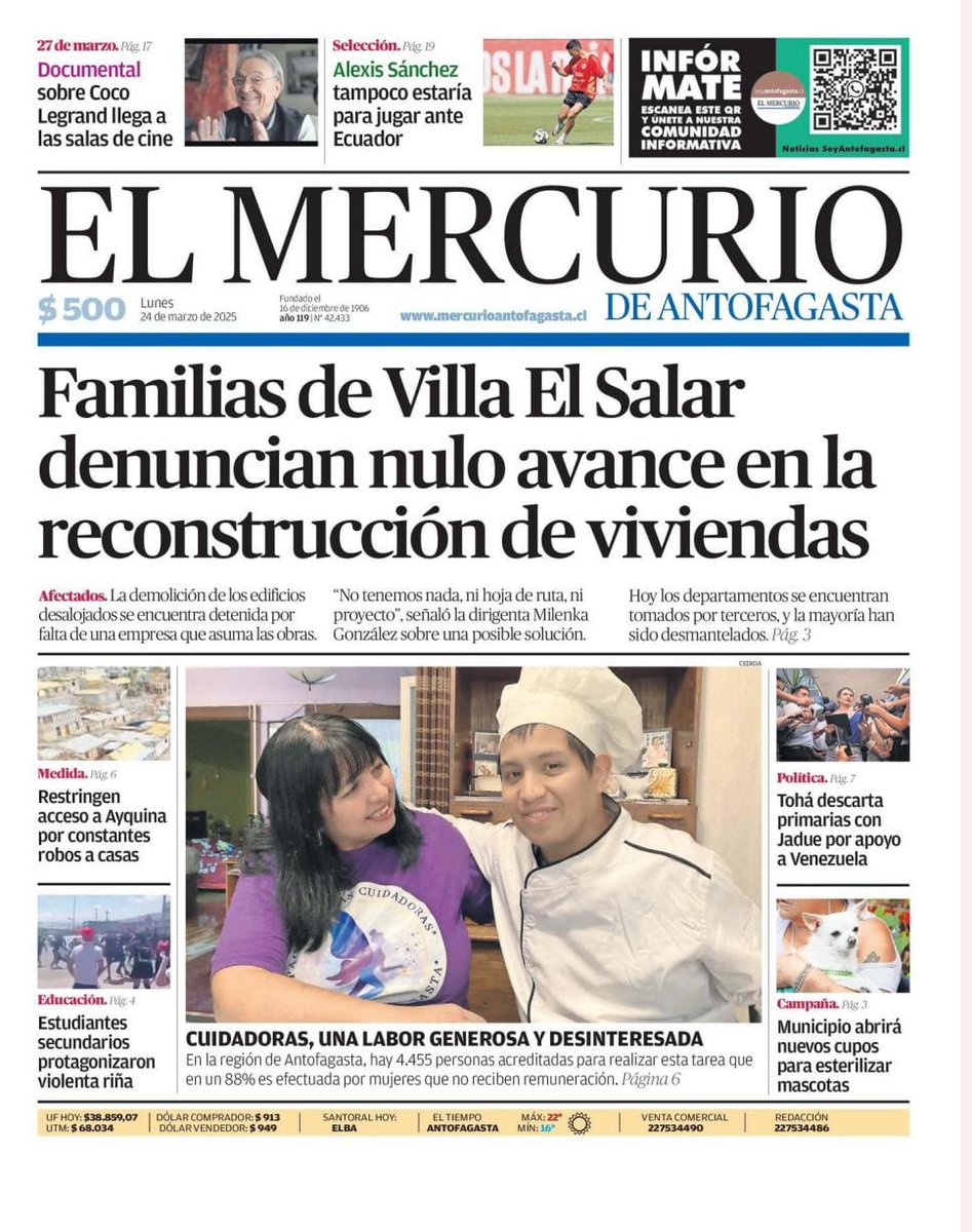Dsocial_II's tweet image. El Mercurio de #Antofagasta destaca en su foto portada y en la página 6 la infatigable labor de las personas cuidadoras, de las cuales el 88% corresponde a mujeres en la región.
@MinDesarrollo
@DPRAntofagasta
#ChileCuida
@subse_ssociales 
@VoceriaAntofa 
@MMEGAntofagasta