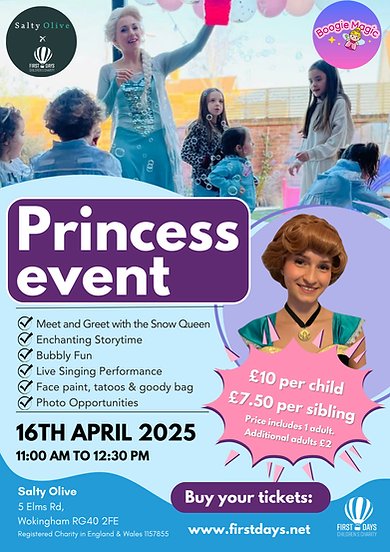 Snow Queen Princess Event
Wed, 16 Apr  at  Salty Olive
A chance to meet and greet the Snow Queen herself, enjoy storytime, blow some bubbles, have a sing along and plenty of photo opportunities
Book Here: firstdays.net/event-details/…