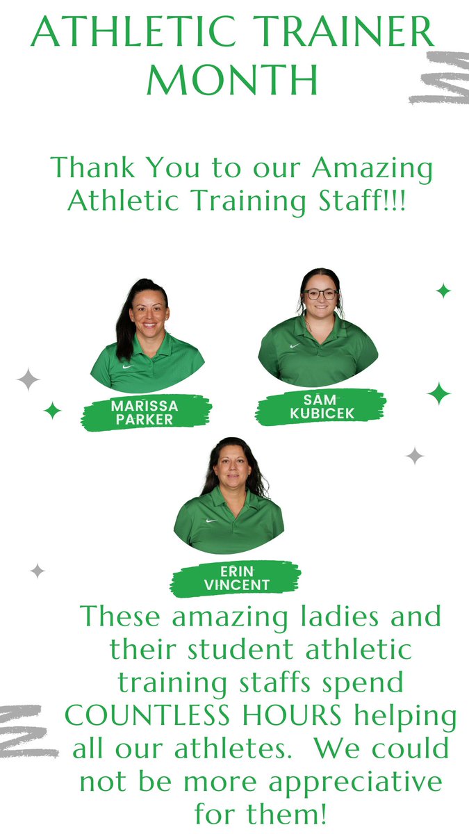 This month we celebrate Athletic Trainer Month. We could not have any of our programs without the tireless work and dedication of our athletic trainers. Thank you Marissa, Sam, and Erin for all your work!!!