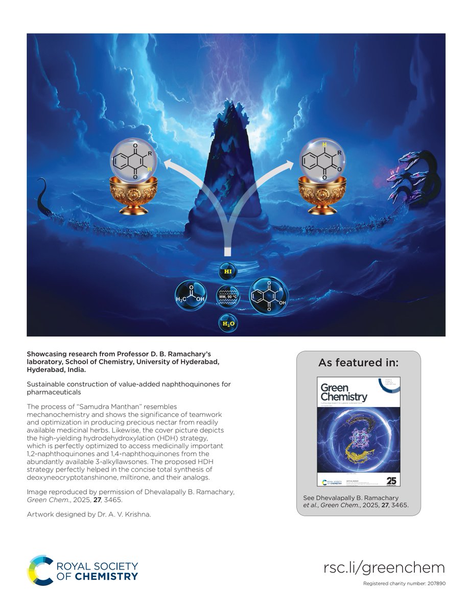 Pleased to share with you cover design on the “Sustainable construction of value-added naphthoquinones for pharmaceuticals” with the process of “Samudra Manthan”.
pubs.rsc.org/.../articlelan…
Please join me congratulating Dr. Vamshi for designing of this cover picture.