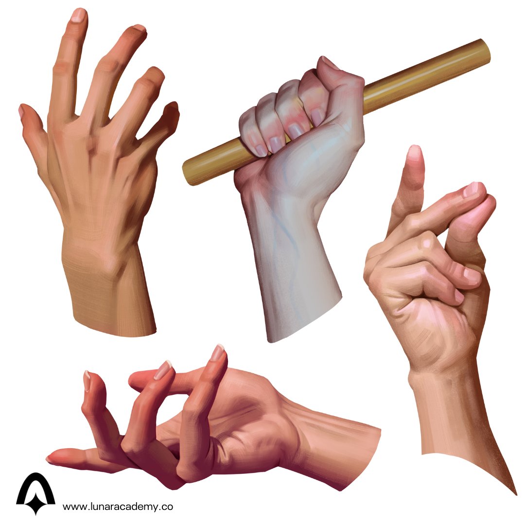 Hands are fiddly—but they’re highly expressive too!

Instead of avoiding hands, use them as an opportunity to say something about your character’s state of mind.

Is your character relaxed? 🫴 Or are they full of tension and rage? 🤜

Studies by <a href="/mattia_rangoni/">Mattia Rangoni</a> 🎨