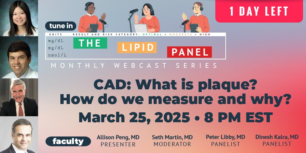 National Lipid Association (@nationallipid) on Twitter photo 📢 Tomorrow is the Lipid Panel at 8 PM ET! 🫀 Join panelists Drs. Peter Libby and <a href="/DineshKalra/">Dinesh Kalra, MD</a> for a deep dive into CAD, plaque assessment & why it matters for ASCVD prevention. FREE CME!
🔗 Register now: lipid.org/thelipidpanel
#LipidPanel #Cardiology #ASCVD #CME 📢 Tomorrow is the Lipid Panel at 8 PM ET! 🫀 Join panelists Drs. Peter Libby and <a href="/DineshKalra/">Dinesh Kalra, MD</a> for a deep dive into CAD, plaque assessment & why it matters for ASCVD prevention. FREE CME!
🔗 Register now: lipid.org/thelipidpanel
#LipidPanel #Cardiology #ASCVD #CME
