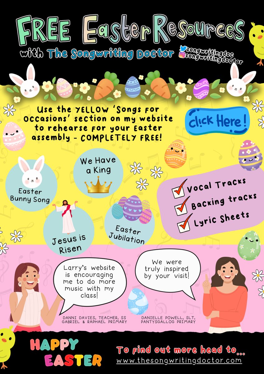 With Easter approaching, go to my website, scroll to 'Songs for Occasions'  + you'll find free Easter songs with lyrics + backing tracks ready for your Easter assemblies thesongwritingdoctor.com
#edutwitter #easterbunny #spring #eastersunday #goodfriday #pasg #pasghapus #Easter