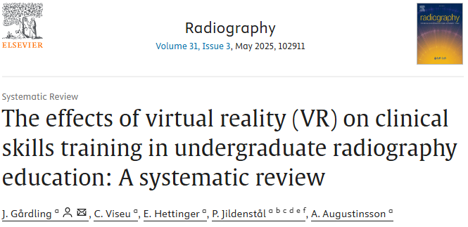 📢Review article available online now!
📰The effects of virtual reality (VR) on clinical skills training in undergraduate radiography education: A systematic review
🖊️J. Gårdling, C. Viseu, E. Hettinger, P. Jildenstål, A. Augustinsson
🔗 doi.org/10.1016/j.radi…