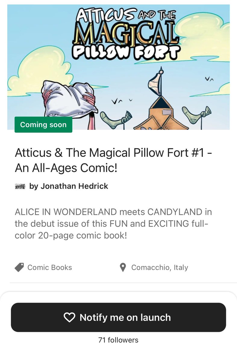 Hey Everybody! 👋 
I’d love to see our prelaunch page for ATTICUS &amp; THE MAGICAL PILLOW FORT hit 75 followers before we launch. 🚀 
Hit that “Notify me on launch” button at the shortcut in the thread to help us out!

#KickstarterReads
