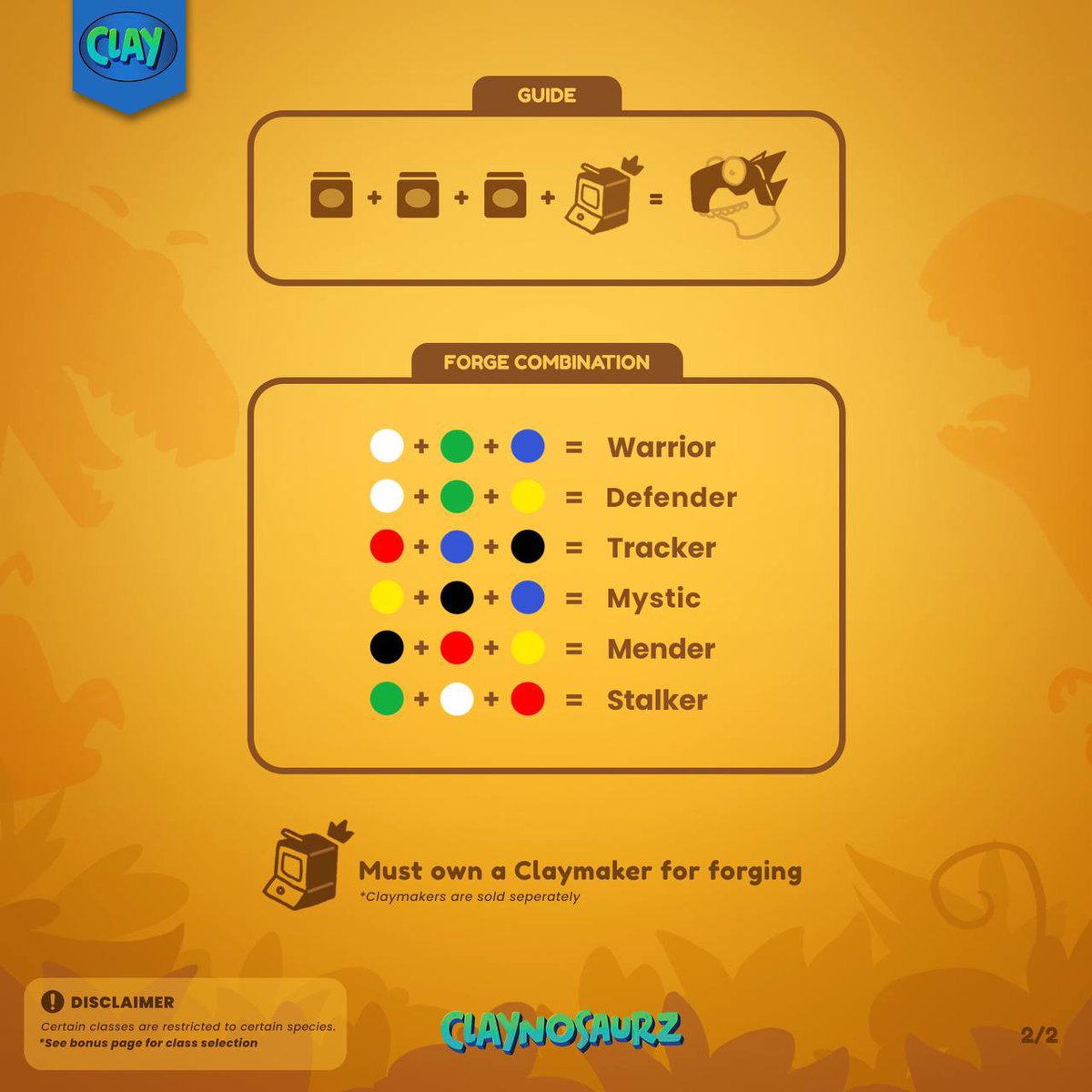 Claynosaurz's tweet photo. The Saga collection is now allowed for Class Selection!

Ahead of the achievement system release, choose a class for your Para or Spino:

• Para = Warrior, Stalker or Tracker
• Spino = Defender, Mystic or Mender