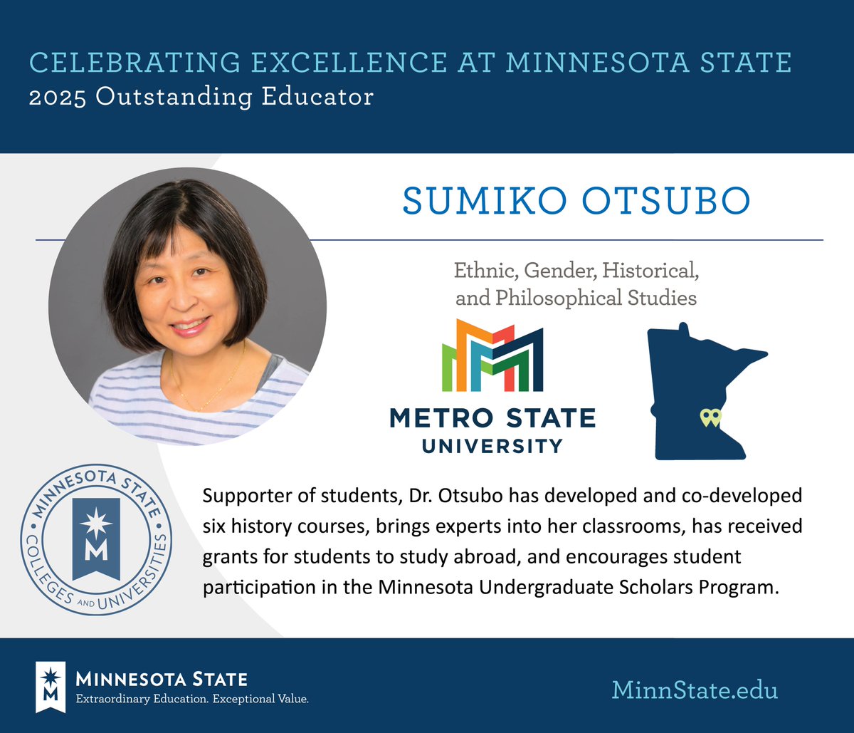 Minnesota State Academic and Student Affairs (@minnstateasa) on Twitter photo Sumiko Otsubo from <a href="/MetroStateU/">Metro State University</a> was named as an Outstanding Educator at the 2025 Board of Trustees Awards. Congratulations!
See more at MinnState.edu/BOTawards. #MinnStateBOTawards Sumiko Otsubo from <a href="/MetroStateU/">Metro State University</a> was named as an Outstanding Educator at the 2025 Board of Trustees Awards. Congratulations!
See more at MinnState.edu/BOTawards. #MinnStateBOTawards