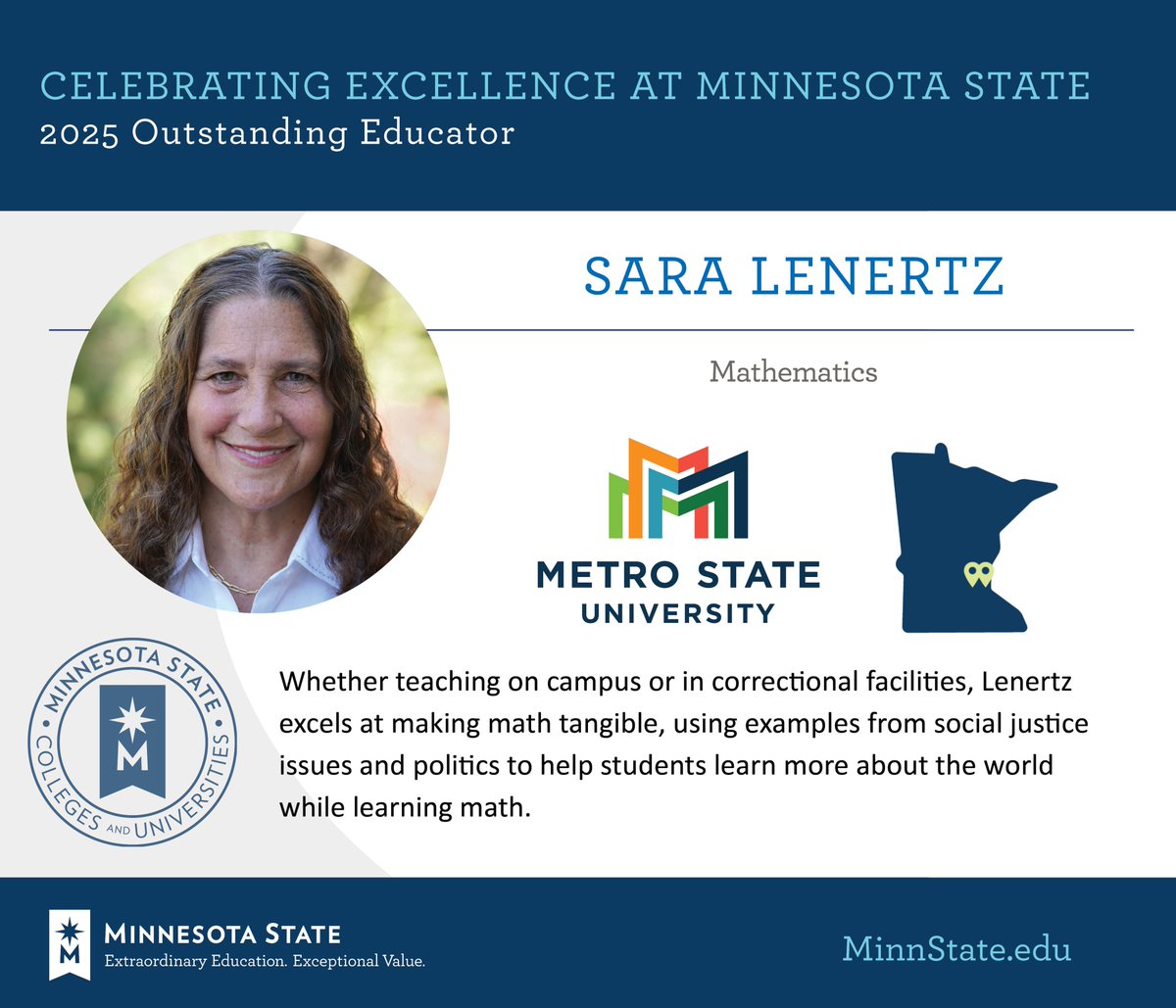 Minnesota State Academic and Student Affairs (@minnstateasa) on Twitter photo Sara Lenertz from <a href="/MetroStateU/">Metro State University</a> was named as an Outstanding Educator at the 2025 Board of Trustees Awards. Congratulations!
See more at MinnState.edu/BOTawards. #MinnStateBOTawards Sara Lenertz from <a href="/MetroStateU/">Metro State University</a> was named as an Outstanding Educator at the 2025 Board of Trustees Awards. Congratulations!
See more at MinnState.edu/BOTawards. #MinnStateBOTawards