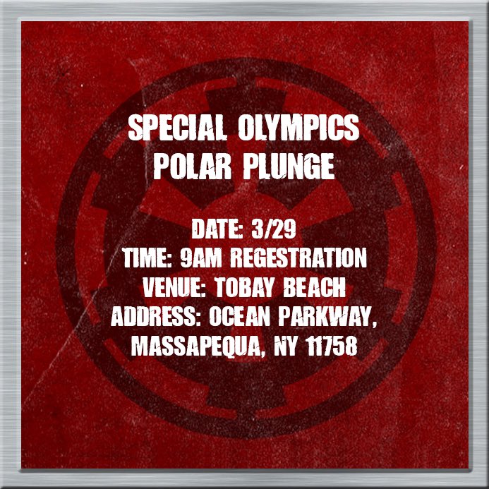 501ECG's tweet image. Another polar plunge! Yes, we will be there. No, we are definitely not plunging at this one either.

Special Olympics Polar Plunge
Date: 3/29
Time: 9am regestration
Venue: Tobay Beach

#501st #501stlegion #official501st #501stecg #empirecitygarrison #starwars