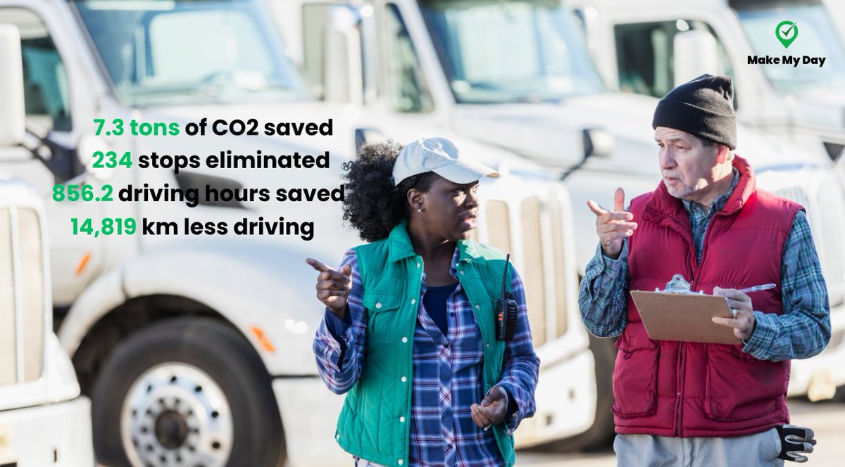 Make_My_Day_App's tweet image. Here’s what our #Routing &amp;amp; #ChargingOptimization achieved for a leading corporation in #Asia:
7.3 tons of #CO2 saved 
234 #chargingstops eliminated
856.2 #driving hours saved
14,819 km less driving
93.7% #optimization success rate

And this is just for 100 #fleet #vehicles!