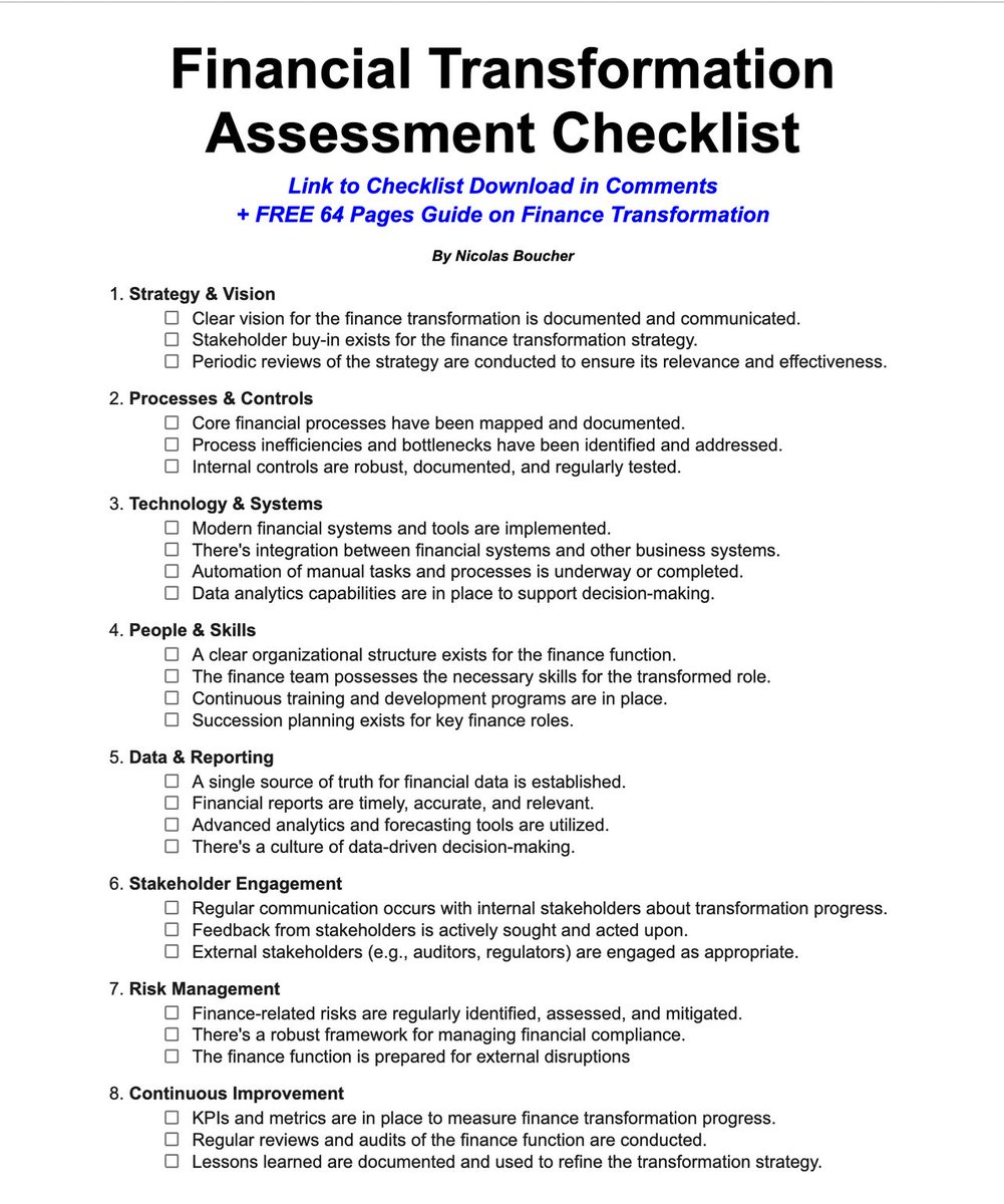 BoucherNicolas's tweet image. Financial Transformation Checklist

As part of my 15-year career, I had the chance to be in charge of the Finance Transformation for 2 years.

I have prepared this assessment to help you evaluate where your organization is.

However, an assessment without an action plan to…