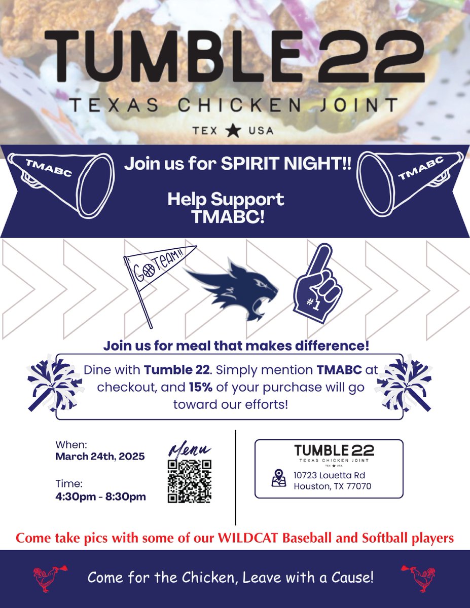 TMHS AthleticBooster (@tmhsathbooster) on Twitter photo SPIRIT NIGHT TONIGHT
Grab the littles and come out to Tumble 22 for dinner and meet some of our TMHS Baseball and Softball players! <a href="/TMHSPTO/">Tomball Memorial PTO</a> <a href="/TMHS__athletics/">Tomball Memorial Athletics</a> <a href="/TISDTMHS/">Tomball Memorial High School</a> <a href="/TMHSBaseball/">TMHS Baseball</a> <a href="/tmhssofball/">Wildcat Softball</a> <a href="/Football_TMHS/">TMHS Football</a> <a href="/TMHSVarSoccer/">Tomball Memorial Lady Wildcat Soccer</a> <a href="/TMHSCheer2020/">TomballMemorialCheer</a> SPIRIT NIGHT TONIGHT
Grab the littles and come out to Tumble 22 for dinner and meet some of our TMHS Baseball and Softball players! <a href="/TMHSPTO/">Tomball Memorial PTO</a> <a href="/TMHS__athletics/">Tomball Memorial Athletics</a> <a href="/TISDTMHS/">Tomball Memorial High School</a> <a href="/TMHSBaseball/">TMHS Baseball</a> <a href="/tmhssofball/">Wildcat Softball</a> <a href="/Football_TMHS/">TMHS Football</a> <a href="/TMHSVarSoccer/">Tomball Memorial Lady Wildcat Soccer</a> <a href="/TMHSCheer2020/">TomballMemorialCheer</a>