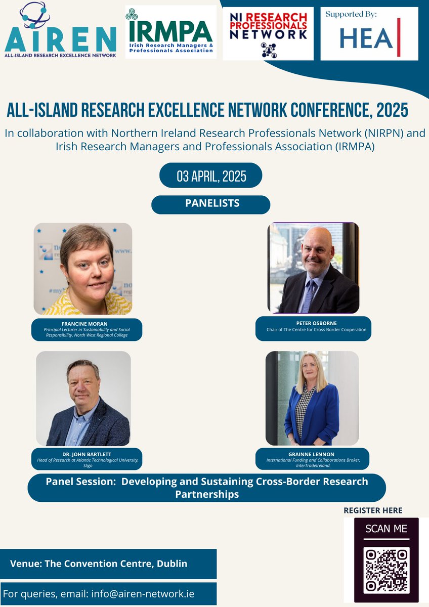 AirenNetwork's tweet image. 🔄Join our #AIREN2025 panel with experts exploring cross-border research partnerships across Ireland on April 3rd at The Convention Centre Dublin!

Register: AIRENConference2025.eventbrite.com 

#CrossBorderCollaboration #AIREN2025 #ResearchManagement