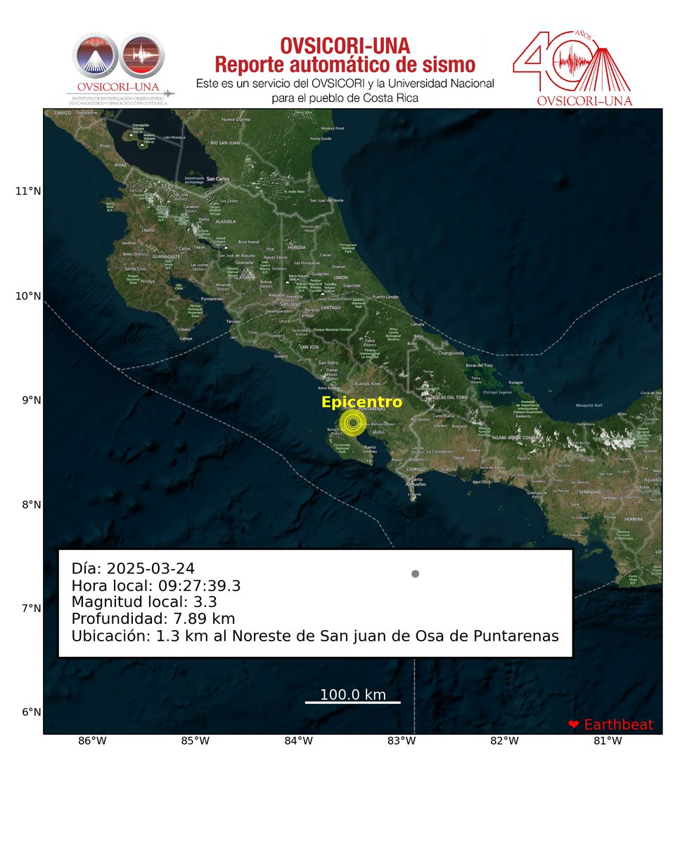 OVSICORI_UNA's tweet photo. 2025-03-24 09:27:39.3, Mag:3.3, Prof: 7.89, Epicentro: 1.3 km al Noreste de San juan de Osa de Puntarenas. #ovsicori #SomosUNA #SismoCR #Temblor #TemblorCR #Terremoto https://t.co/oVl89HsqYi