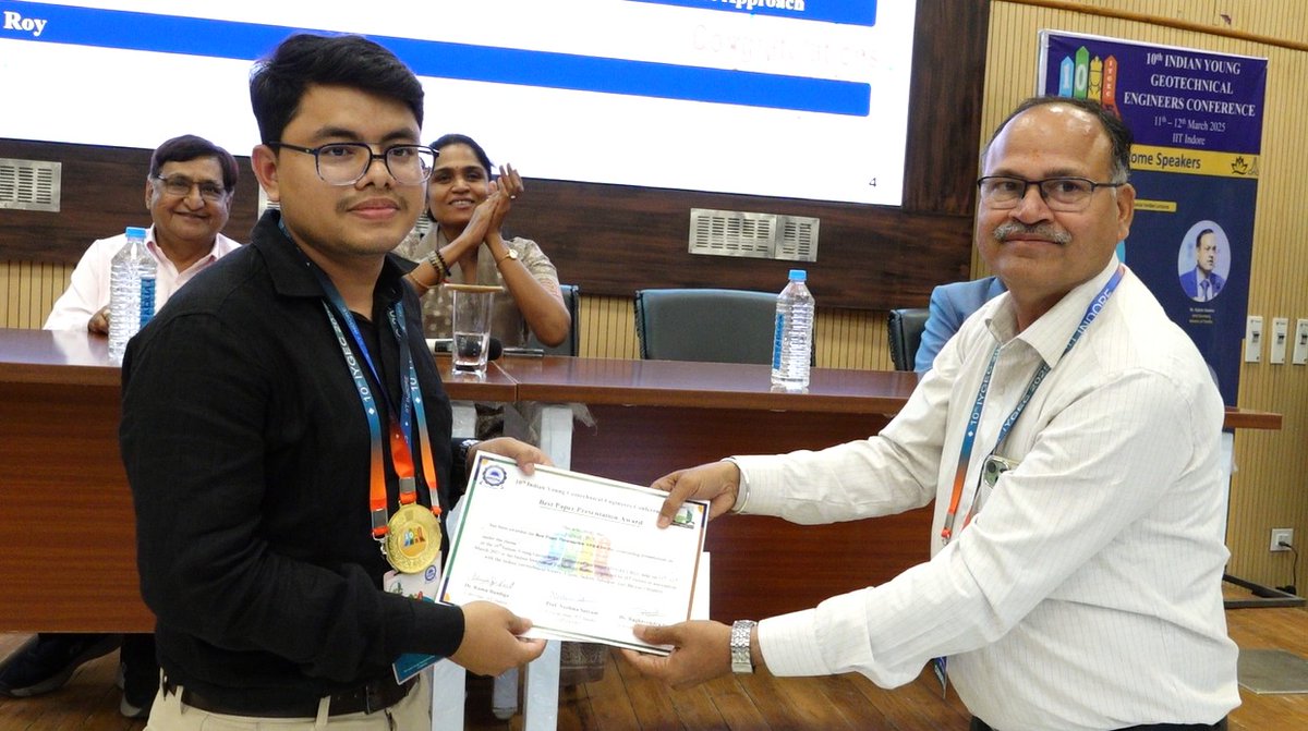 IITPAT's tweet image. We are delighted to share that Bidyut Roy, a Research Scholar from the Dept. of CEE at IIT Patna, has been honored with the Best Paper Presentation Award at the 10th Indian Young Geotechnical Engineers' Conference 2025 (10th IYGEC 2025).
#10thIYGEC2025 #GeotechnicalEngineering