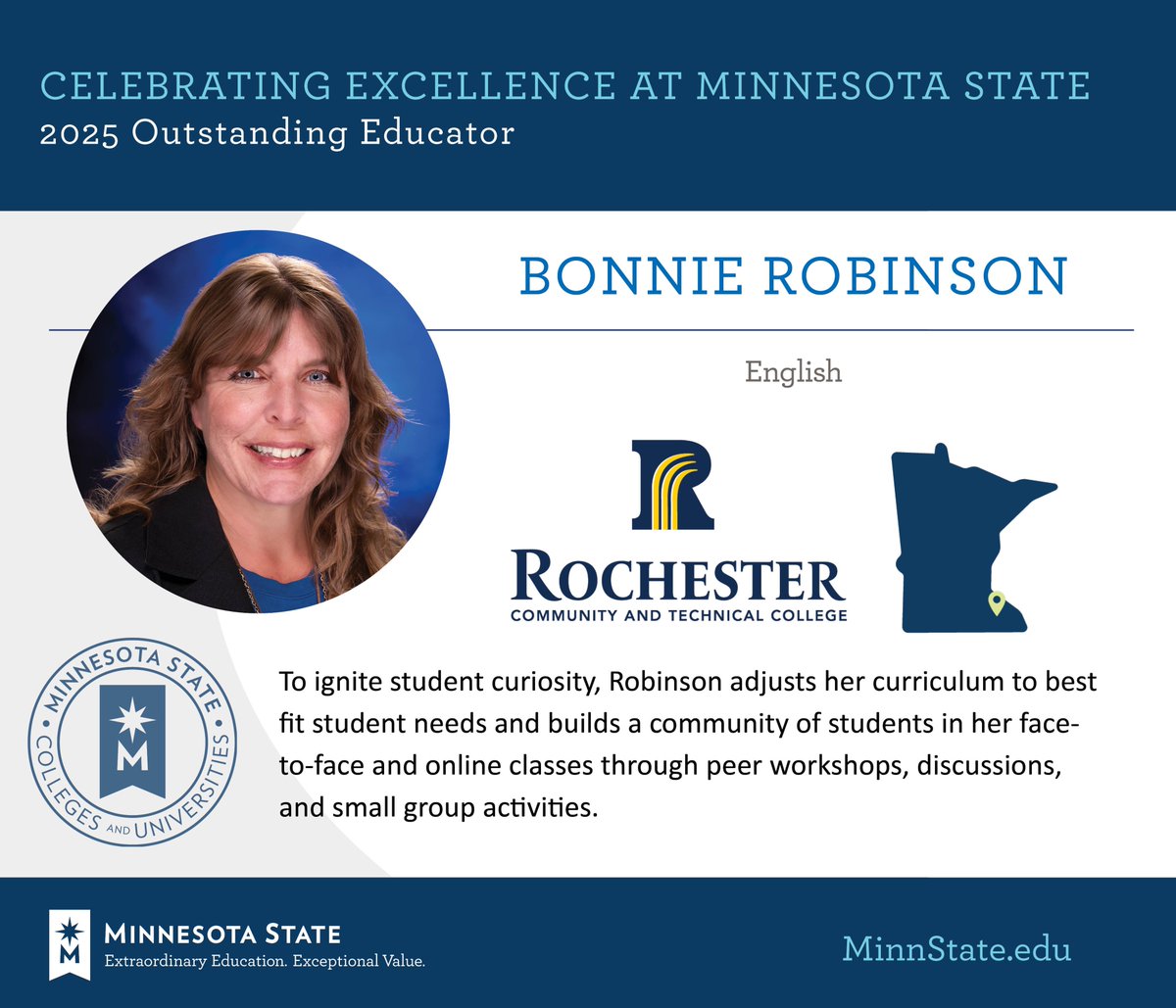 Bonnie Robinson from <a href="/RochesterCTC/">Rochester Community and Technical College</a> was named as an Outstanding Educator at the 2025 Board of Trustees Awards. Congratulations! 

See more at MinnState.edu/BOTawards. #MinnStateBOTawards